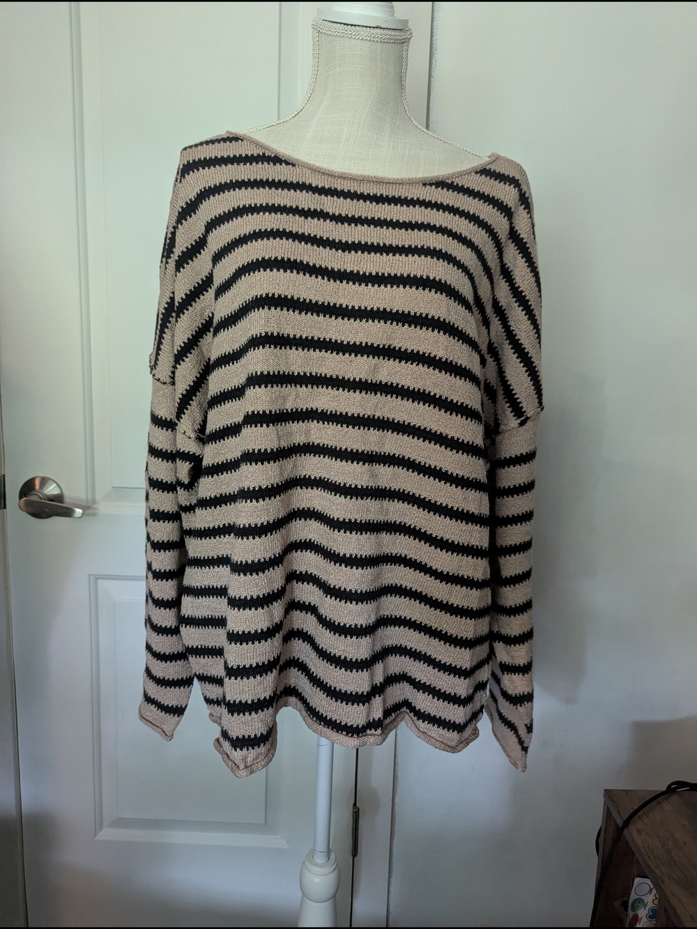 Striped Boatneck Knit Sweater in Beige and Black